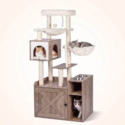 Grand arbre à chat avec meuble à litière et poteaux en sisal
