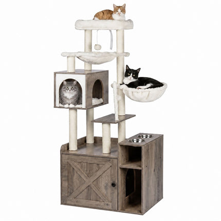 Grand arbre à chat avec rangement pour la litière, poteaux en sisal et jouets