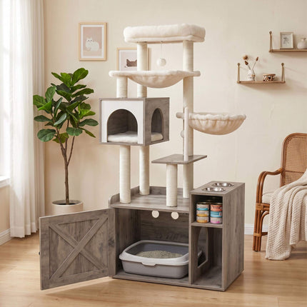 Grand arbre à chat avec rangement pour la litière, poteaux en sisal et jouets