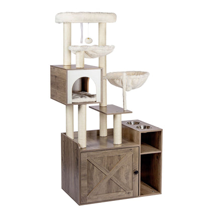 Grand arbre à chat avec rangement pour la litière, poteaux en sisal et jouets