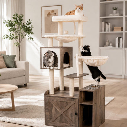Grand arbre à chat avec rangement pour la litière, poteaux en sisal et jouets