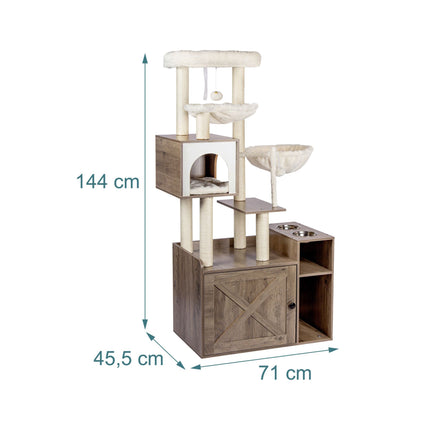 Grand arbre à chat avec rangement pour la litière, poteaux en sisal et jouets