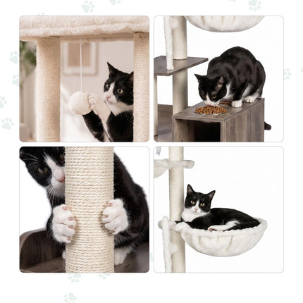 Grand arbre à chat avec rangement pour la litière, poteaux en sisal et jouets