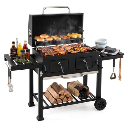 Grand barbecue au charbon de bois avec tables pliantes et thermomètre