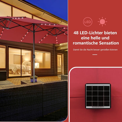 Großer Doppel-Terrassenschirm mit Solar-LED-Leuchten, Rot