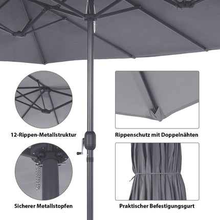 Grand parasol double à manivelle, gris foncé, 2,7 m x 4,6 m
