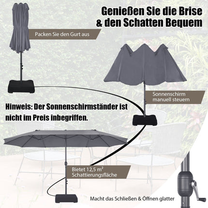 Grand parasol double à manivelle, gris foncé, 2,7 m x 4,6 m