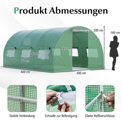 Großes begehbares Gewächshaus 12m² mit PE-Abdeckung & Eisenrahmen
