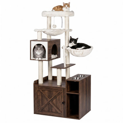Grand arbre à chat blanc avec meuble à litière et poteaux en sisal