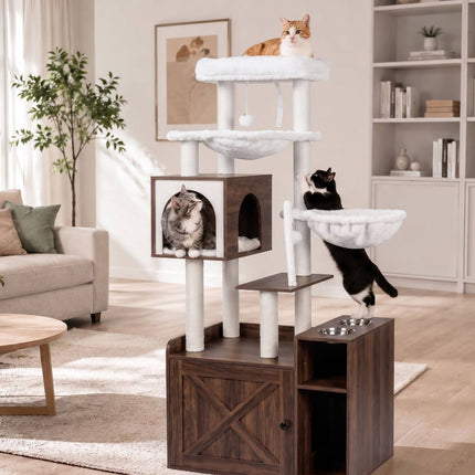 Grand arbre à chat blanc avec meuble à litière et poteaux en sisal