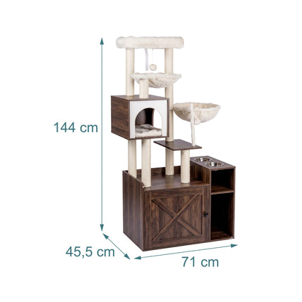 Grand arbre à chat blanc avec meuble à litière et poteaux en sisal