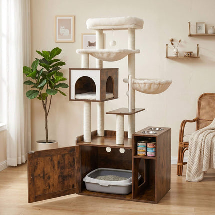 Grand arbre à chat blanc avec meuble à litière et poteaux en sisal