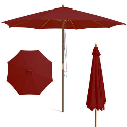 Grand parasol de terrasse en bois, 300 cm, rouge, baleines en bambou