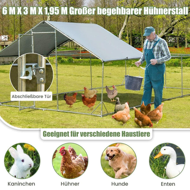 Grand poulailler en métal avec couvercle étanche et résistant au soleil, enclos extérieur galvanisé pour animaux de compagnie, argent