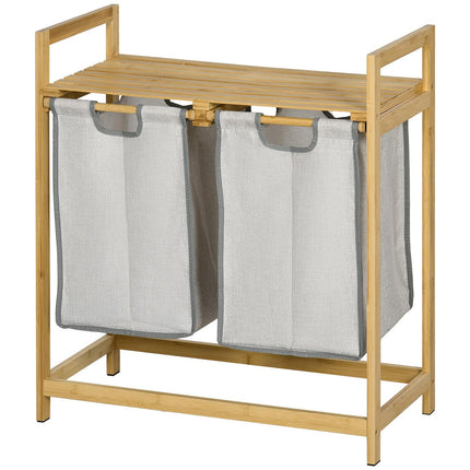 Panier à linge 81,2 L avec 2 sacs à linge amovibles, panier à linge avec plateforme, poignée, pour salle de bain, bambou, naturel