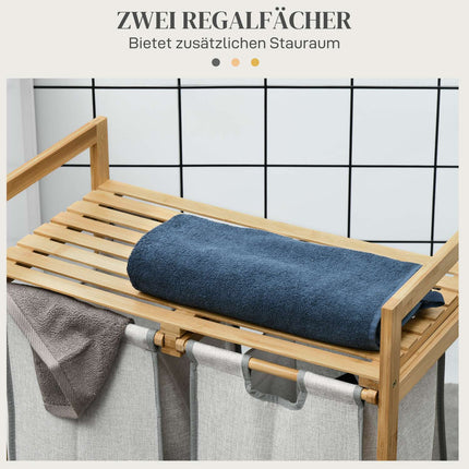 Panier à linge 81,2 L avec 2 sacs à linge amovibles, panier à linge avec plateforme, poignée, pour salle de bain, bambou, naturel