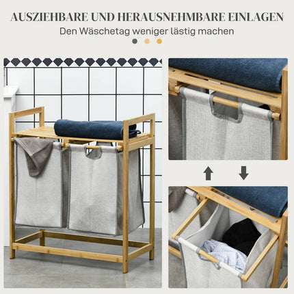 Panier à linge 81,2 L avec 2 sacs à linge amovibles, panier à linge avec plateforme, poignée, pour salle de bain, bambou, naturel