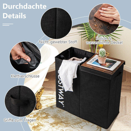 Wäschekorb mit Deckel, 105L, 2 herausnehmbare Beutel, Schwarz