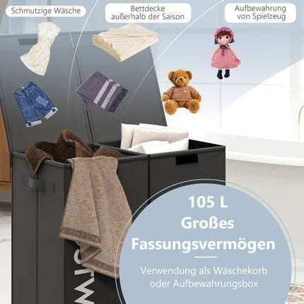 Wäschekorb mit Deckel, 105L, 2 herausnehmbare Beutel, Schwarz