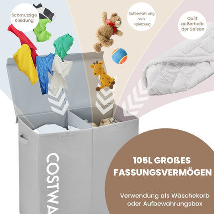 Panier à linge, 115 L, 2 compartiments, tissu, gris