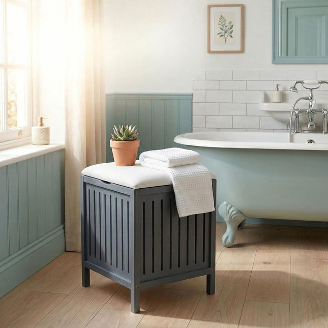 Tabouret pour panier à linge - Bois de noyer, couvercle d'assise rembourré