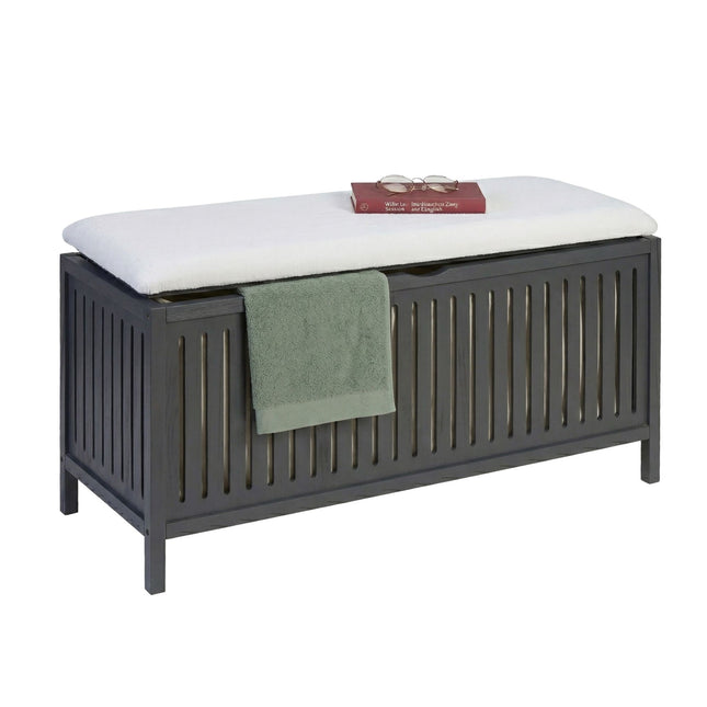 Tabouret porte-panier à linge avec couvercle rembourré - Finition noyer