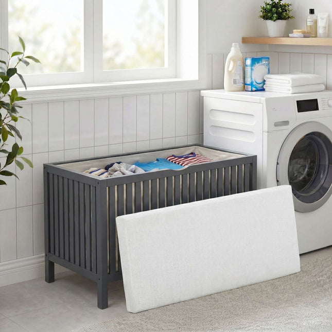 Tabouret porte-panier à linge avec couvercle rembourré - Finition noyer
