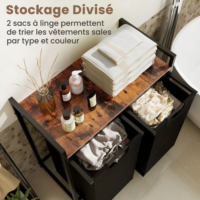 Panier à linge avec étagère, 2 sacs amovibles, noir et marron