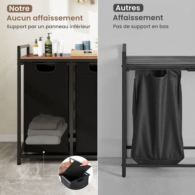 Panier à linge avec étagère, 2 sacs amovibles, noir et marron