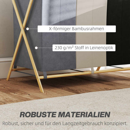 Panier à linge à 3 compartiments, 129 L, pliable, structure en bambou