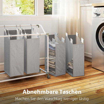 Wäschekorb mit 4 herausnehmbaren Säcken, 160L, Rollen, Grau