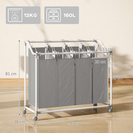 Wäschekorb mit 4 herausnehmbaren Säcken, 160L, Rollen, Grau