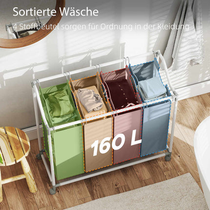 Wäschekorb mit 4 herausnehmbaren Säcken, 160L, Rollen, Grau