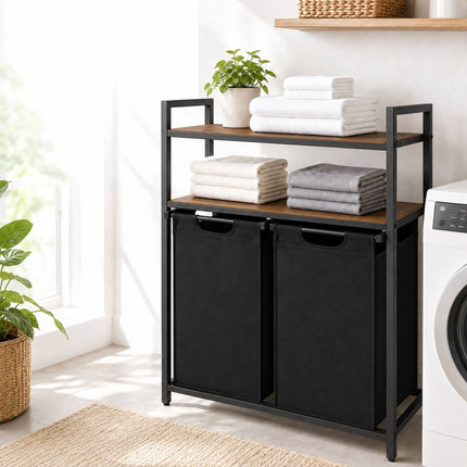 Laundry Sorter with 2 Pull-Out Bags and 2 Shelves, 46 L per Bag, Black/Brown