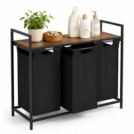 Laundry Sorter with 3 Pull-Out Bags and Top Shelf, 3 x 40 L, Black/Brown
