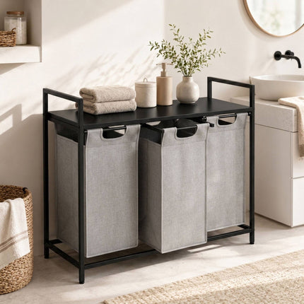 Laundry Sorter with 3 Pull-Out Bags and Top Shelf, 3 x 40 L, Black/Grey