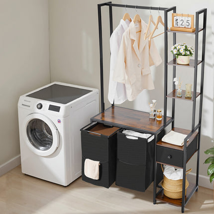 Laundry Sorter with Hanging Rod, 3-Tier Shelves, 2-Bag
