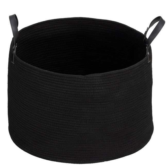 Sac à linge, 88 L, portable, pliable, poignées en similicuir, coton, Ø 56 x 35,5 H cm, noir