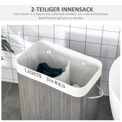 Panier à linge 100L avec 2 compartiments en bambou, couvercle rabattable avec poignée, sac amovible et lavable en gris