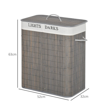 Panier à linge 100L avec 2 compartiments en bambou, couvercle rabattable avec poignée, sac amovible et lavable en gris