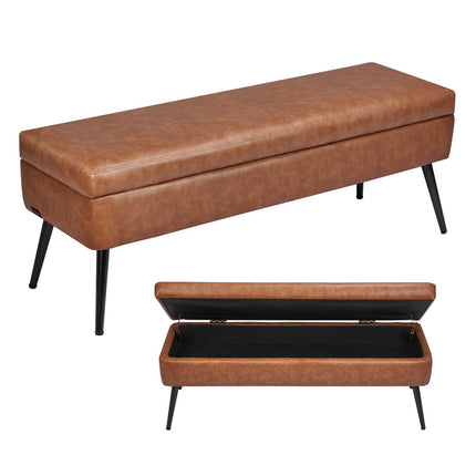Leather Storage Ottoman Bench – PU, 40-In, Metal Legs, Brown