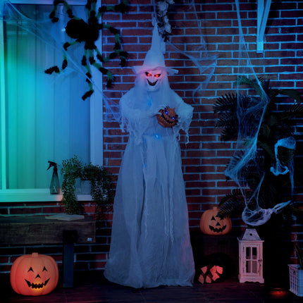 Life-Size Halloween Witch 189 cm with Light-Up Pumpkin, White