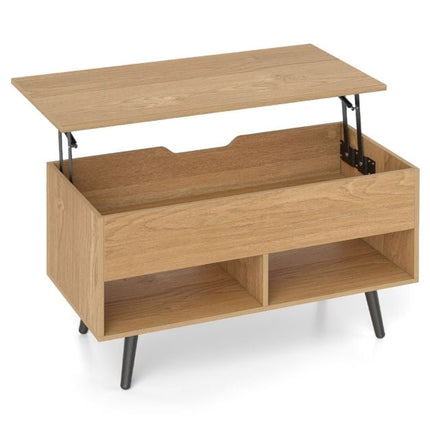 Table basse relevable 80 cm, rangement dissimulé, 2 étagères