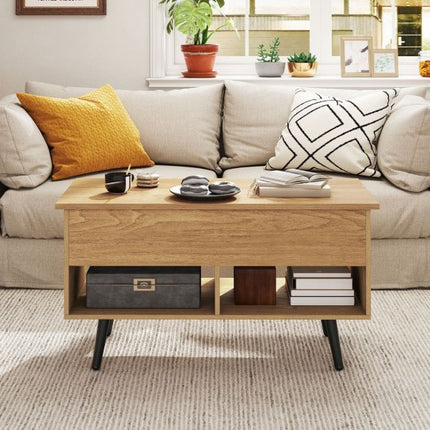 Table basse relevable 80 cm, rangement dissimulé, 2 étagères