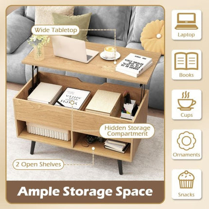 Table basse relevable 80 cm, rangement dissimulé, 2 étagères