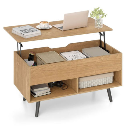Table basse relevable 80 cm, rangement dissimulé, 2 étagères