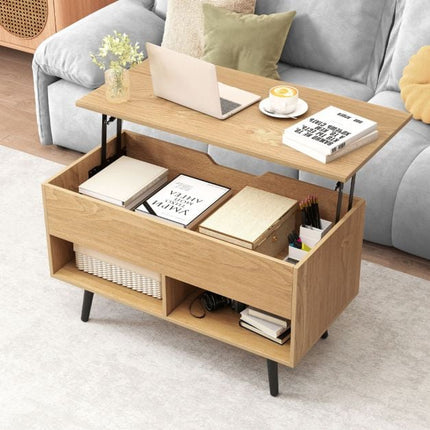 Table basse relevable 80 cm, rangement dissimulé, 2 étagères
