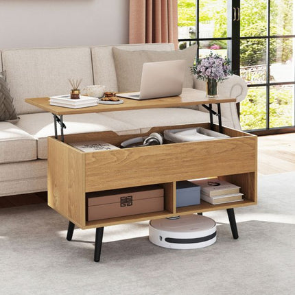 Table basse relevable 80 cm, rangement dissimulé, 2 étagères