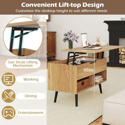 Table basse relevable 80 cm, rangement dissimulé, 2 étagères
