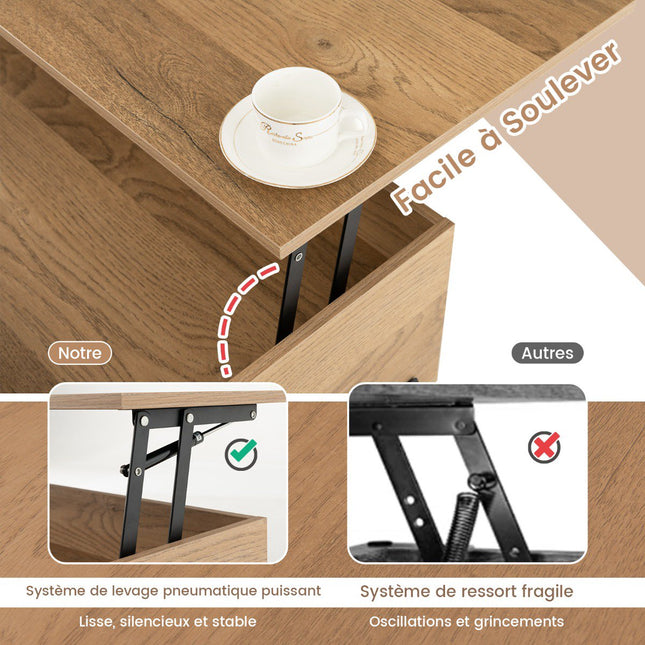 Couchtisch mit Hebefunktion, pneumatischer Lift, versteckter Stauraum